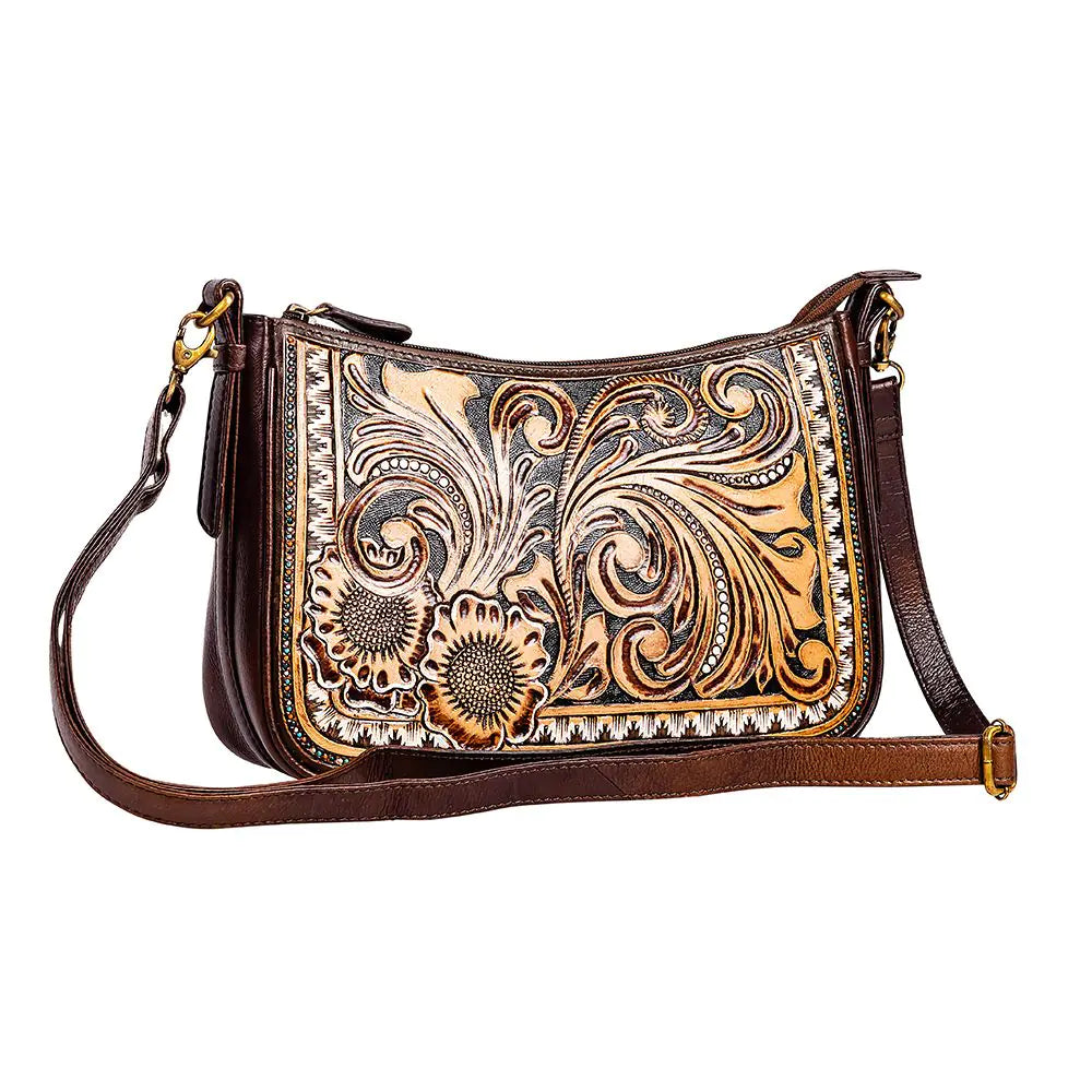 Whitley Way Hand-Tooled Leather Small Crossbody Bag