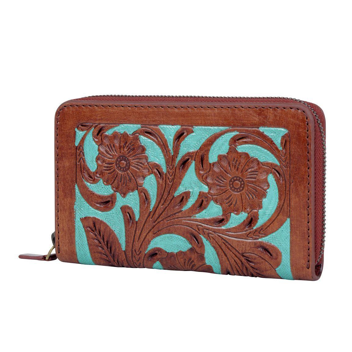 Turquoise Embossed Filigree Leather Wallet from Brooklyn Bag at Moosestrum.com